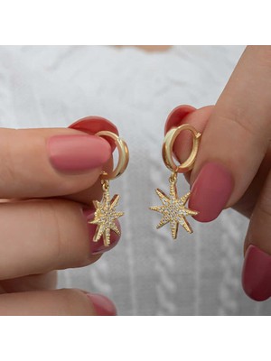 Calperia Gümüş Gold Sallantılı Kutup Yıldızı Kadın Küpe
