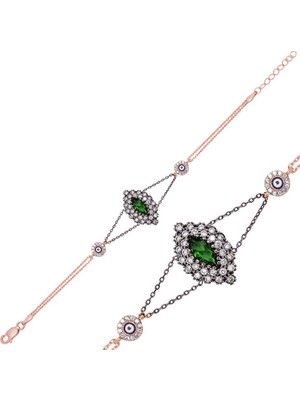 Calperia 925 Ayar Gümüş Rose Yeşil Taşlı Otantik Bileklik