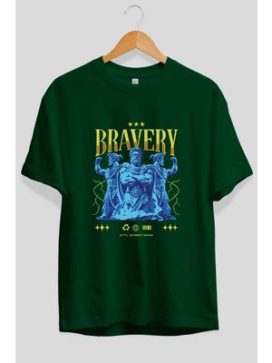 Ankhises Bravery Ön Baskılı Yeşil Oversize T-Shirt Erkek Kadın Pamuk Bisiklet Yaka Tişort
