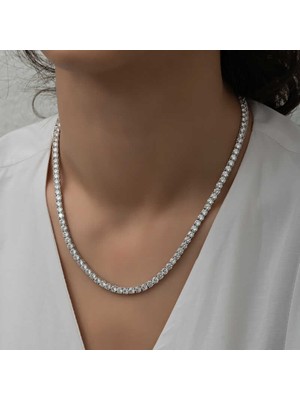 Calperia Gümüş 4 mm Beyaz Taşlı Su Yolu Kadın Kolye