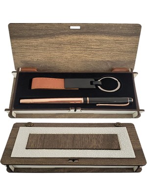 Calperia Ahşap Kutulu Bakır Kalem Anahtarlık Set