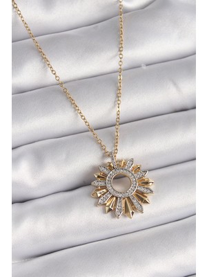 DS LLC 316L Çelik Gold Renk Zincir Zirkon Taşlı Mix Renk Güneş Model Kadın Kolye DSLLC-3245YU5
