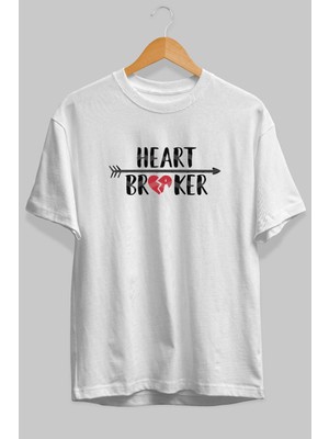 Ankhises Kalp Kırıcı 2 Ön Baskılı Beyaz Oversize T-Shirt Erkek Kadın Pamuk Bisiklet Yaka Tişort