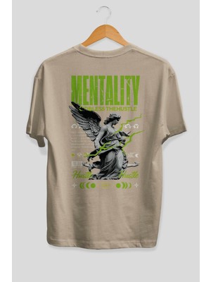Ankhises Mentality Arka Baskılı Bej Oversize T-Shirt Erkek Kadın Pamuk Bisiklet Yaka Tişort