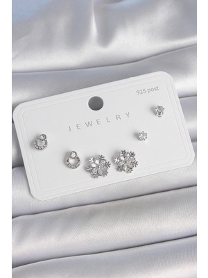 DS LLC Pirinç Gümüş Renk Zirkon Taşlı Kar Tanesi Model 925 Ayar Gümüş Çivi Kadın Küpe Seti Dsll