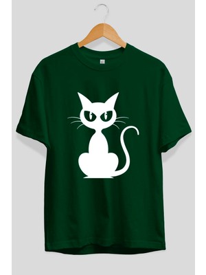 Ankhises Kedi Tasarımı Ön Baskılı Yeşil Oversize T-Shirt Erkek Kadın Pamuk Bisiklet Yaka Tişort