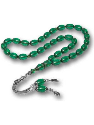 Calperia Gümüş Püsküllü Yeşil Ateş Kehribar Tesbih