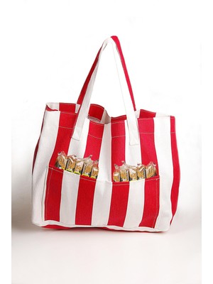 Calperia Kadın Kanvas 2 Cepli Günlük Renkli Plaj Omuz Çantası Kırmızı