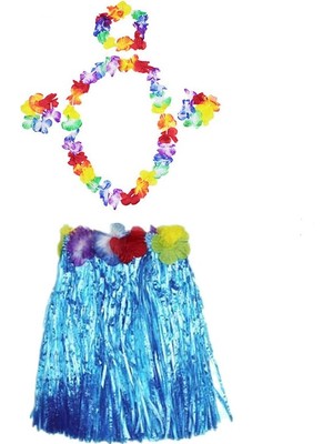 Calperia Parti Luau Aloha Havaii Partisi  Etek Taç ve Bileklik Seti Mavi