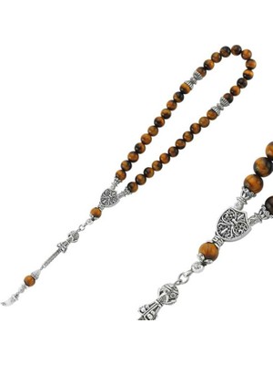 Calperia Doğaltaş Metal Püsküllü Kaplan Gözü Taşlı Tesbih