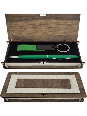 Calperia Ahşap Kutulu Yeşil Anahtarlık ve Kalem Set