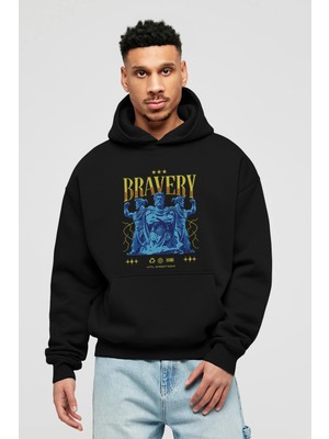 Ankhises Bravery Ön Baskılı Siyah Oversize Kapüşonlu Sweatshirt Erkek Kadın