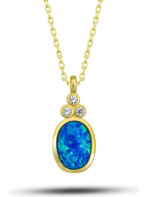 Calperia 925 Ayar Gümüş Gold Mavi Opal Taşlı Ananas Kadın Kolye