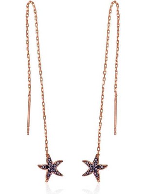 Calperia Gümüş Siyah Taşlı Deniz Yıldızı Zincirli Küpe