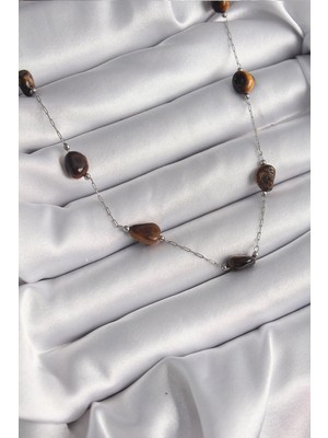 DS LLC 316L Çelik Gümüş Renk Zincir Kahverengi Doğaltaş Model Kadın Kolye DSLLC-3245YU5