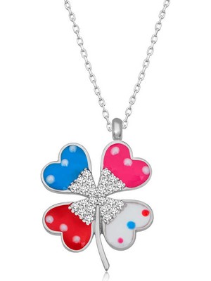 Calperia 925 Ayar Gümüş Renkli Taşlı Yonca Kadın Gümüş Kolye