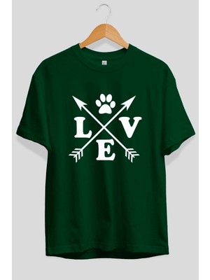 Ankhises Love Pati Ön Baskılı Yeşil Oversize T-Shirt Erkek Kadın Pamuk Bisiklet Yaka Tişort