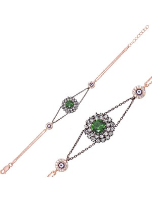 Calperia 925 Ayar Gümüş Rose Yeşil Taşlı Otantik Bileklik