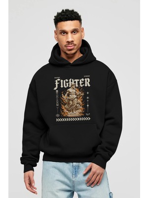 Ankhises Fighter Ön Baskılı Siyah Oversize Kapüşonlu Sweatshirt Erkek Kadın