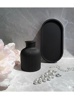 Modesta Home Minimal Beton Vazo ve Oval Tepsi Seti – Modern & Bohem Masa Üstü Dekoru