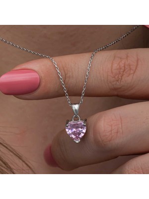 Calperia Gümüş Pembe Taşlı Kalpli Kadın Kolye