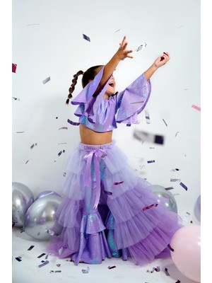 Duca Parıltılı Payetli Volan Kol Kat Kat Paça Elbise ve Kat Kat Tül Prenses Kuyruk Seti