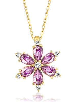 Calperia 925 Ayar Gümüş Gold Mor Lotus Çiçeği Kadın Kolye