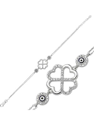 Calperia 925 Ayar Gümüş Kalpli Yonca Bileklik