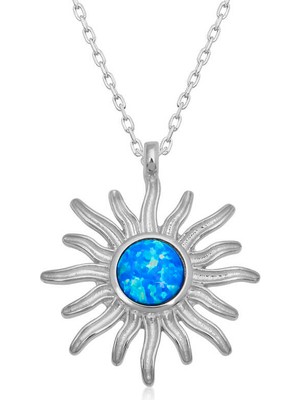 Calperia ​925 Ayar Gümüş Mavi Opal Taşlı Güneş Kadın Gümüş Kolye
