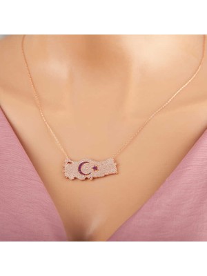 Calperia 925 Ayar Gümüş Rose Ay Yıldız Türkiye Haritası Kadın Kolye