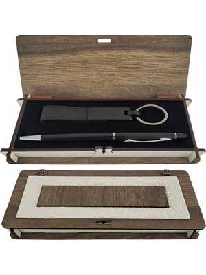 Calperia Ahşap Kutulu Siyah Kalem ve Anahtarlık Set