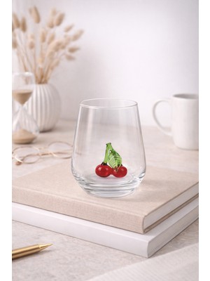 Crystal Passion El Yapımı Cam Kiraz Figürlü Bardak Şeffaf Dekoratif Cam Su Bardağı