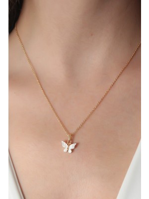 DS LLC Gold Beyaz Renk Kelebek Figür Kadın Kolye DSLLC-3245YU5