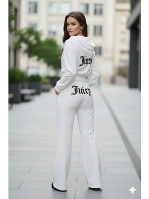 Bozz Collection Kadın Juicy Kristal Taş Baskılı Eşofman Takımı Hoodie Crop Sweatshirt Baggy Eşofman Ikili Takım