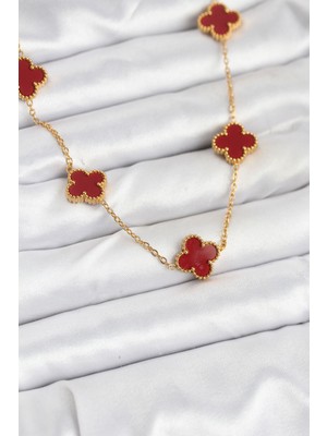 DS LLC 316L Çelik Gold Renk Zincir Bordo Yonca Kadın Kolye DSLLC-3245YU5
