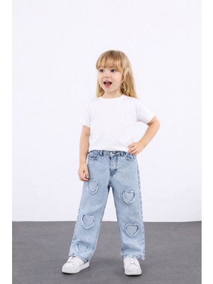Jolly Kids Kız Çocuk Kalp Nakışlı Bol Paça  Mavi Jeans Kot Pantolon