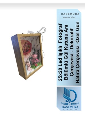 Dasemura 25X20 LED Işıklı Fotoğraf Bölümlü Gül Kutusu Anı Çerçevesi - Dekoratif Hatıra Çerçevesi -Özel Gün
