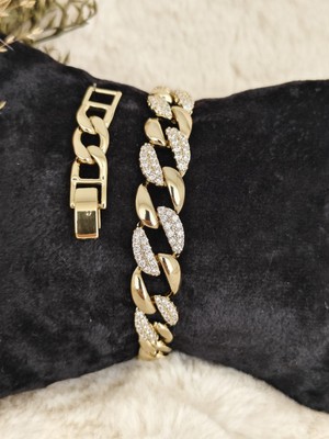 Tuel Kadın Gold Renk Zirkon Taşlı Kalın Zincir Bileklik Günlük & Özel Gün