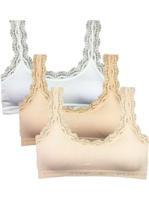 DS LLC 3 Adet Dantel Nakış Işlemeli Pedli Bambu Kadın Büstiyer Beyaz Ten Krem DSLLC34-43TX