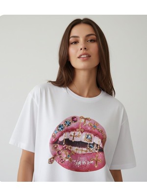 Texrium Taşlı Dudak Baskılı Oversize Unisex Pamuklu T-Shirt