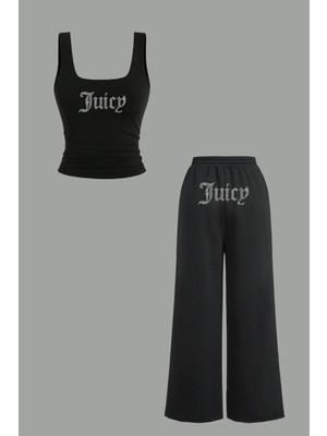 Bozz Collection Kadın Juicy Kristal Taş Baskılı Eşofman Crop Atlet Bluz Baggy Eşofman Crop Top Bluz Atlet Takım