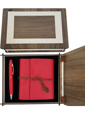 Calperia Özel Ahşap Kutulu Kırmızı Deri Defter ve Kalem Set