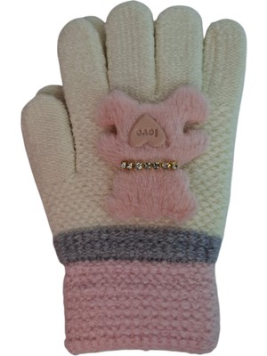 Spteks Kitti 4-8 Yaş Kız Çocuk Ekru Renk Taşlı Sevimli Ayıcık Figürlü Kışlık Örme Eldiven