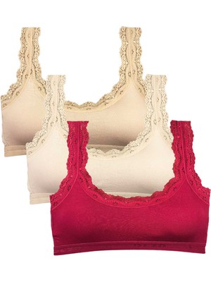 DS LLC 3 Adet Dantel Nakış Işlemeli Pedli Bambu Kadın Büstiyer Ten Krem Bordo DSLLC34-43TX