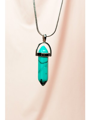 DS LLC Turkuaz Doğal Taşı Zincirli El Yapımı Tasarımlı Kolye Uç: 3,5 cm Zincir: 20 cm Kutulu Dsllc3