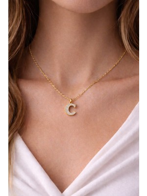 Dasemura 316L Çelik Gold Renk Zirkon Taşlı Harf Kolye - Kişiye Özel Isim Baş Harfli Zincir - C Harfi