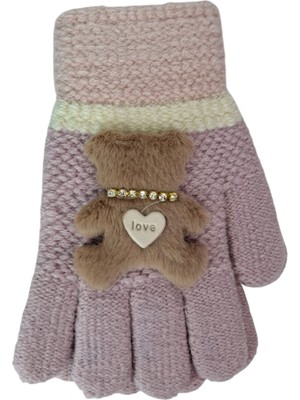 Spteks Kitti 4-8 Yaş Kız Çocuk Pudra Renk Taşlı Sevimli Ayıcık Figürlü Kışlık Örme Eldiven