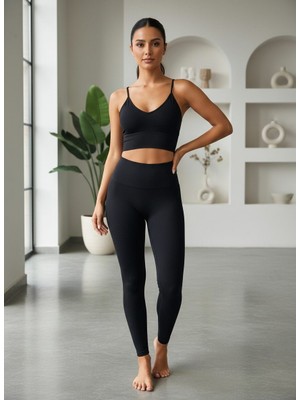 Kap Siyah Seamless Yüksek Bel Tayt ve Bra Takımı - Sportif Şıklık