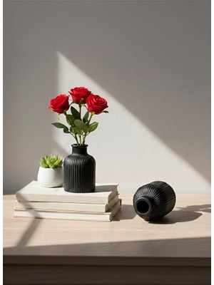 Modesta Home 2’li Dekoratif Beton Vazo Seti Siyah – Çizgili Mini Vazo Masa Üstü Ev Aksesuarı