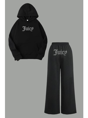 Bozz Collection Kadın Juicy Kristal Taş Baskılı Eşofman Takımı Çanta Hoodie Sweatshirt Baggy Eşofman Takım